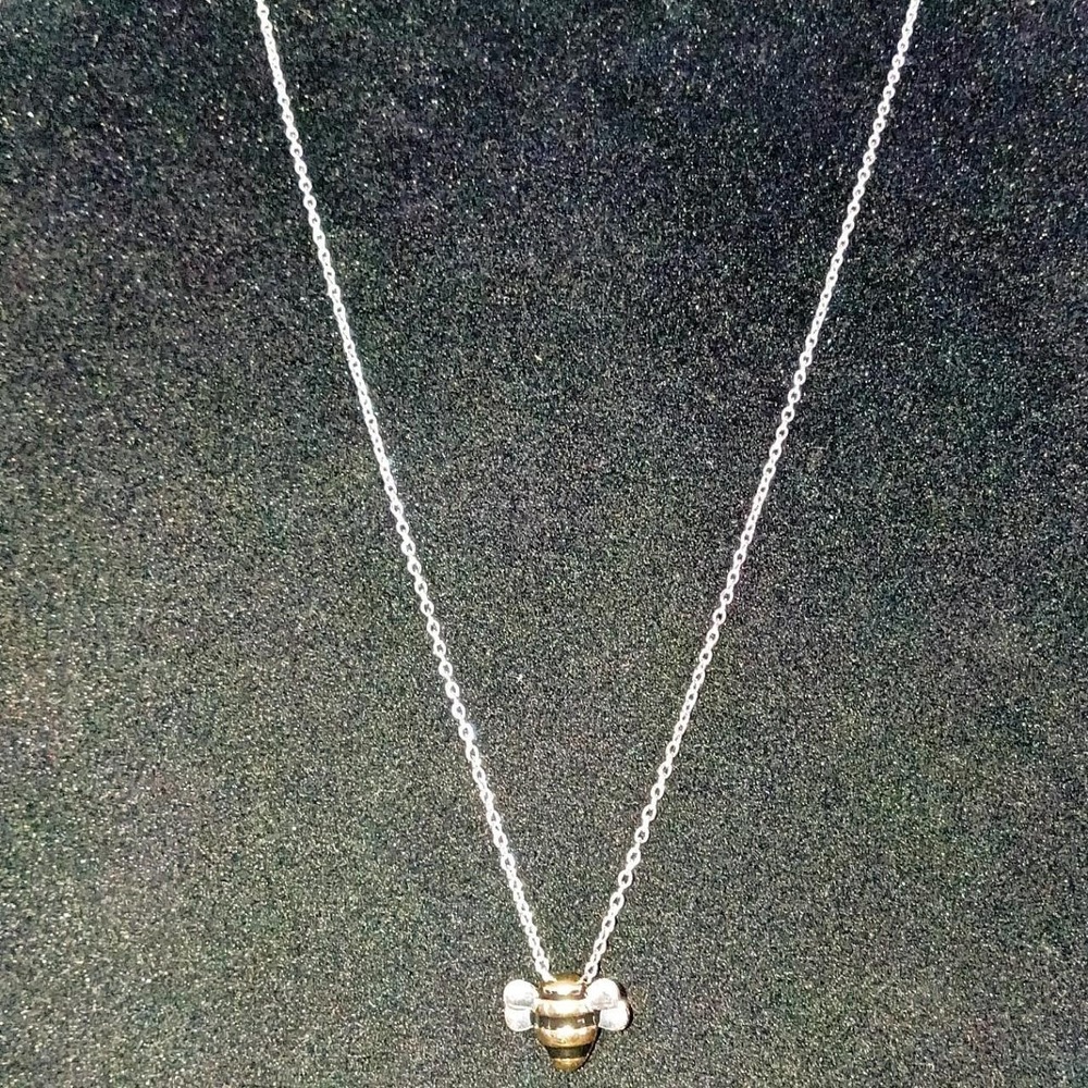 Silver Bee Necklace With Gold And Black Enamel Striped Body And Silver Wings